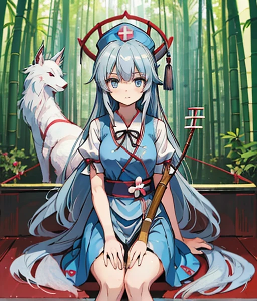 {{{ yagokoro eirin (touhou)}}}, blue eyes, long hair, white hair, aqua hair, grey hair, braid, single braid, bangs, two-tone dress, blue dress, red dress, collared dress, constellation print, trigram, petticoat, frilled dress, puffy short sleeves, short sleeves, white sash, sash, nurse cap, blue hat, red cross, bow (weapon)　Yagokoro Eirin (Touhou),  opens a clinic  Eientei in the bamboo forest. He studies medicine and treats the illnesses and injuries of Touhou Project characters.

They live in Mt. Horai Kaguya (east), Inaba Tei (east), Suzusen, Udonkain, Inaba (east), and Eientei in the bamboo forest. at Eientei in the bamboo forest, researching medicine.

I live with Houraisan Kaguya (touhou), Inaba Tewi (touhou), Reisen Udongein Inaba (touhou), in Eientei in the bamboo forest.