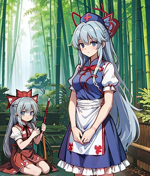 {{{ yagokoro eirin (touhou)}}}, blue eyes, long hair, white hair, aqua hair, grey hair, braid, single braid, bangs, two-tone dress, blue dress, red dress, collared dress, constellation print, trigram, petticoat, frilled dress, puffy short sleeves, short sleeves, white sash, sash, nurse cap, blue hat, red cross, bow (weapon)　Yagokoro Eirin (Touhou),  opens a clinic  Eientei in the bamboo forest. He studies medicine and treats the illnesses and injuries of Touhou Project characters.

They live in Mt. Horai Kaguya (east), Inaba Tei (east), Suzusen, Udonkain, Inaba (east), and Eientei in the bamboo forest. at Eientei in the bamboo forest, researching medicine.

I live with Houraisan Kaguya (touhou), Inaba Tewi (touhou), Reisen Udongein Inaba (touhou), in Eientei in the bamboo forest.