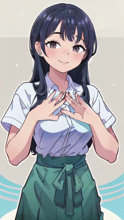   masterpiece,    Best quality  , detailed, focus on the character, (1 girl:1.5), (Alone:1.5), Akane Tendo, ( long hair :1.5), (blue hair:1.5), (  brown eyes:1.5), ( School uniform:1.5), (white shirt:1.5), ( short sleeves:1.5), (blue skirt:1.5), (Mini skirt:1.5), (  white background:1.5), (  curvy body:1.0), (between the breasts:1.5), (smile:1.5), (Blush:1.5), (  looking at the viewer :1.5), (contour:1.5), (sharp:1.5), (cowboy atirou:1.5), (standing:1.5), (  looking at the viewer :1.5), ( hands around waist :1.5)