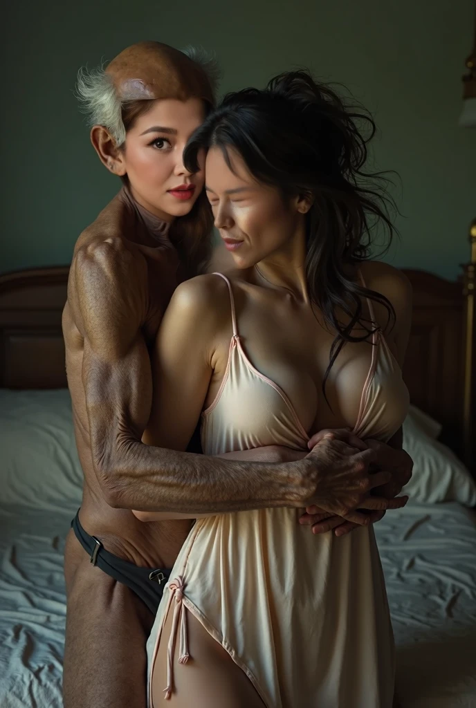 (extremely detailed and high-quality photography),(best lighting and shadow effects,realistic), bedroom, 40yo asian mature woman with a fair skin tone and long gray hair, with muscle young man