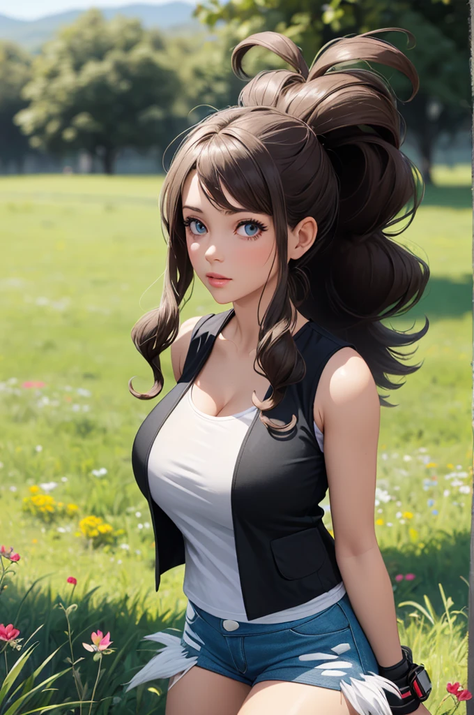 ( ultra-realistic,32k,  masterpiece :1.2),( Highly detailed skin:1.1),( High quality:1.1),mature adult women,
, long hair,  high ponytail , sidelocks, has, clavicle, White shirt, (black vest:1.1), sleeveless, wristband,  shorts ,  shorts  de mezclilla, exposed pocket , cleavage , meadow,   colorful wildflowers , Lush grass, sereno , blurred background,,  looking at the viewer,   huge breasts, Big breasts,,(Parte superior del cuerpo,:1.1) ,
( glow in the dark :1.1),