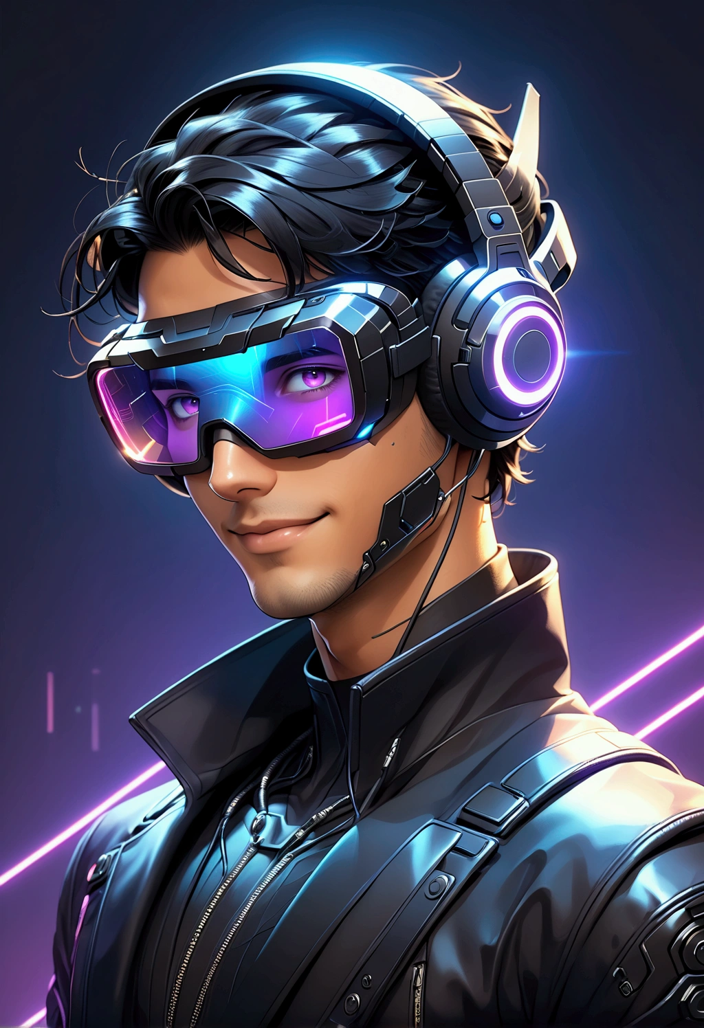 ((medium close up photography)), (((a man))), 25 years old, ((black hair)), from the future with synthwave style, (cybernetic), ((male)), ((black hair)), ((purple eyes)), (smiling), cyber punk bionic, with helmet headphones, ((wearing a Black futuristic suit with white LED lights lines)), ((using a black virtual reality glasses black visor)), with very realistic textures and colors, minimalist, futuristic, black background with dark blue, purple and blue neon lights and energy