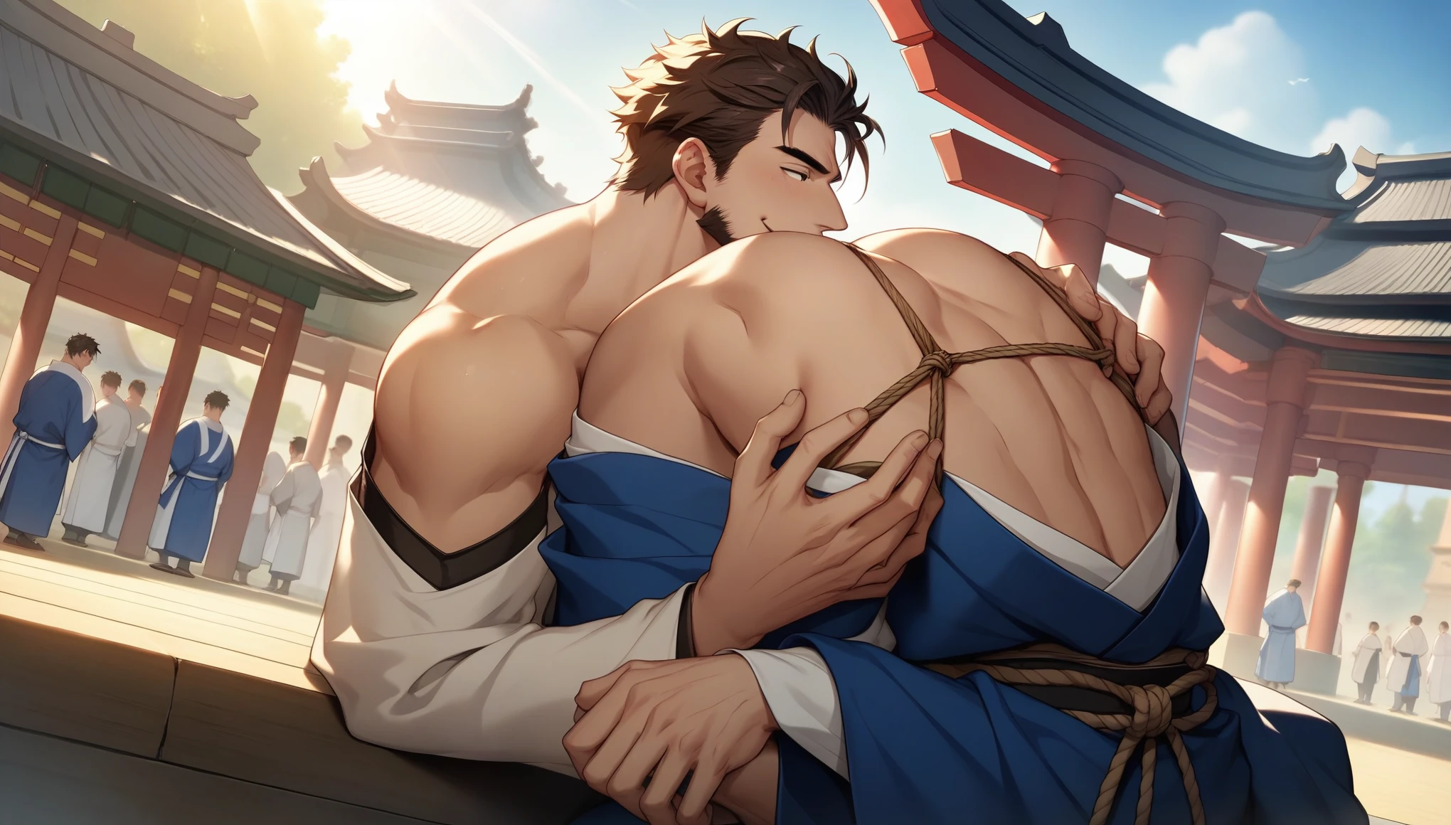 Blue and White，male，rope，Thong, rimming, Sperm, Big round ass, best quality,masterpiece,highres, yaoi, intricate details, (focus male), cg game cg, hd, (a manly 30 year old scruffy samurai man, blue samurai clothes, brown samurai hair, manly face, goatee, bliss face), sitting, japanese temple, beautiful background, intricate details, altar, (playing, mahjong), cocky smile, crowded japanese temple, light rays, crowd, closeup, dutch angle, detailed hands