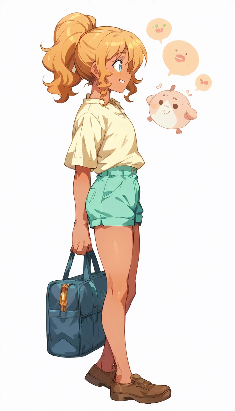 A girl of normal height,   tanned girl dressed like a student,  Wearing a ponytail,  smiling, orange curly hair ,  big ass and big boobs,     looking forward    