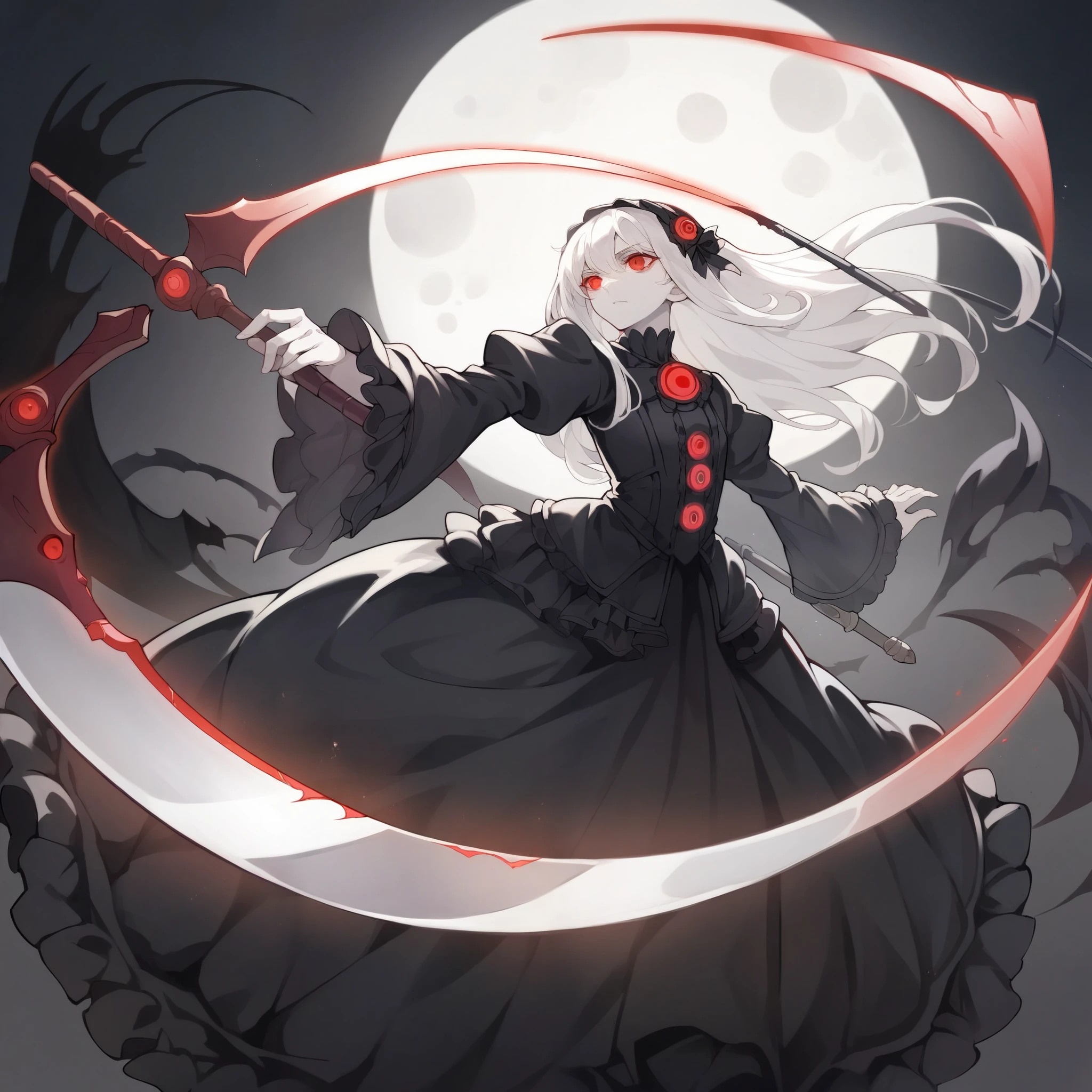 anime girl, solo, 4k absurdres, illustration, yugioh artstyle, glowing outline, gothic ****ta, black clothing, pale skin, white hair, red eyes, dynamic pose, white scythe, holding scythe, dark void background,moon,