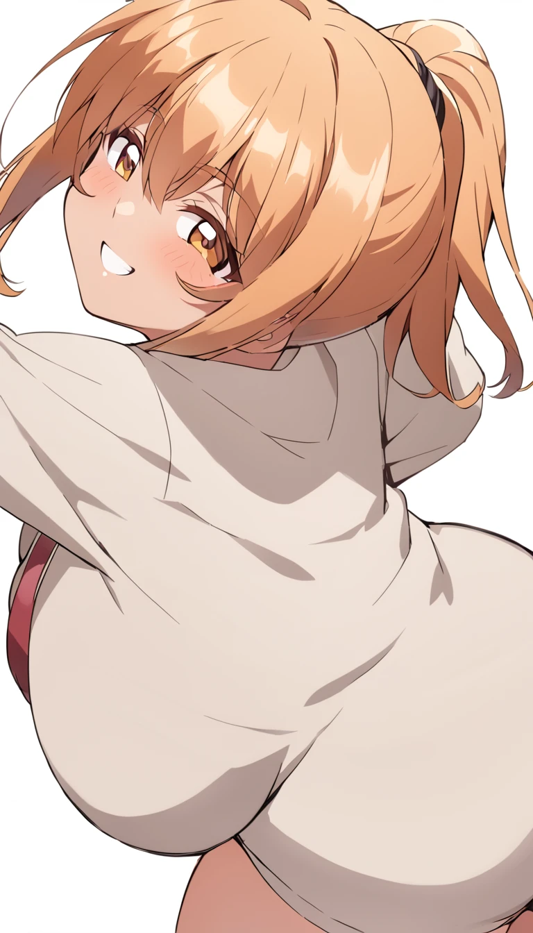 A girl of normal height,   tanned girl dressed like a student,  Wearing a ponytail,  smiling, orange curly hair ,  big ass and big boobs,     looking forward    