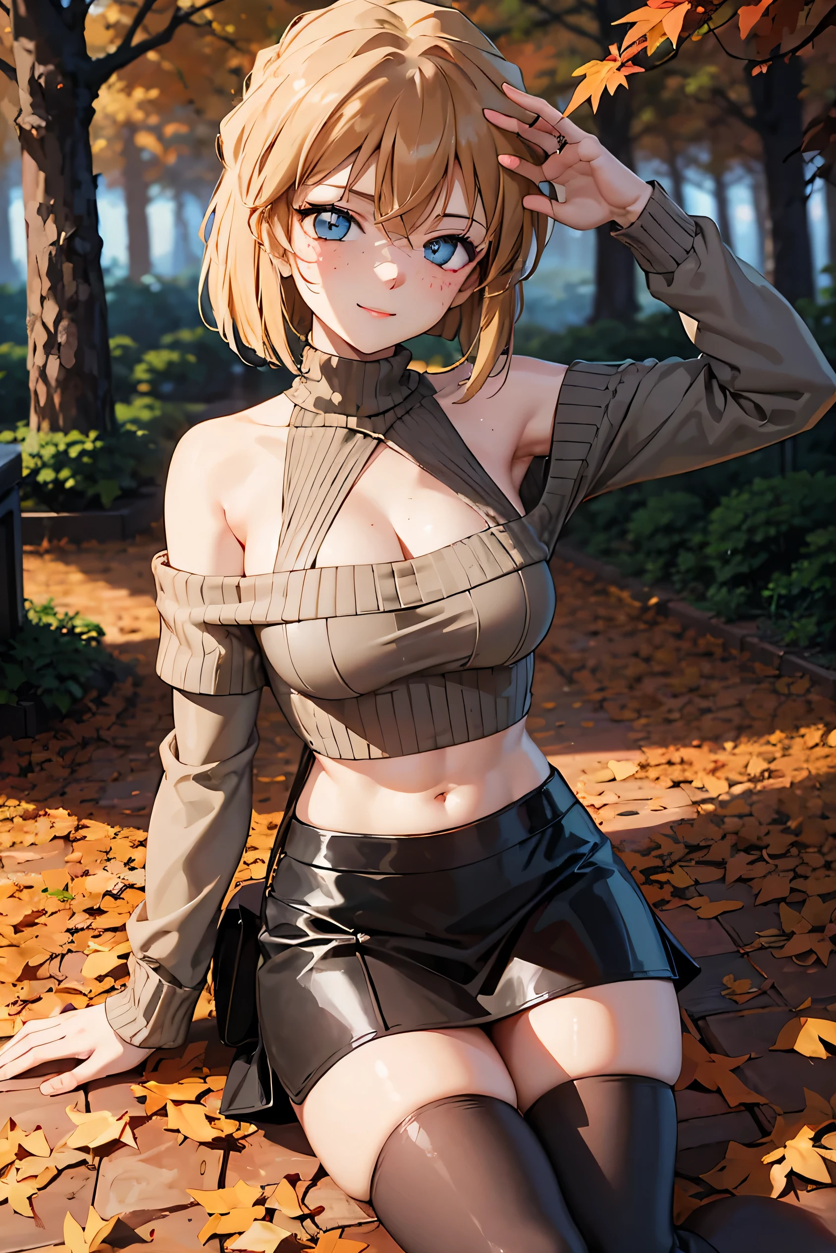 safe_pos, score_9, score_8_up, score_7_up, outdoor, forest, autumn, fall, 1girl, 24 year old, solo girl, long hair, blonde hair, blue eyes, medium breasts, exposed midriff, belly button, slim waist, freckles, blush, natural makeup, stylish, accessories, smile, cute, beautiful face, autumn leaves, autumn colors, off-shoulder sweater, grey/brown sweater, cleavage, blue/black skirt, short skirt, leather skirt, mini skirt, brown/black boots, leather boots, thighhighs, translucent stockings, shear stockings