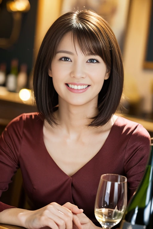 ((highest quality、8k、masterpiece:1.3))、1 male、1 female、Couple、Spouse、Couple、The body is slim、((Bob Hale、Straight hair:1.2)), (Realistic, Intricate details:1.2), wine glass on the table、Shine light on your face、 Amazing view of the sunset sky and clouds、Amazing mountain views、A bright smile、The wonderfulness of smile、Bright image、The beauty of wine, Beautiful Face, blue eyes, The light shines on your face, Blushing, short hair,Bright Face、 (Age 37), 39 years old, red wine 、Appetizers、Italian food、Wine bottle、Champagne、sparkling wine、Two beauties、Brown Hair、Shortcuts、Long sleeve shirt、dress、Pretty Woman 1, (slim face), (The body is slim), (Brown Hair), (Shortcuts), cheeks turn a little red,Attractive beauty、restaurant, In a prominent place (From the waist up) Nova Frog Style, actress, Model, Upper Body, White wine, slim, wine glass, wine glass placed in the center, smile, (smile: 1.15), Beautiful fine grain, Depth f/2,saturation, High Contrast, Strong light and shadow,Moist Body:1.5、3D texture、Delicate eyes、Brown Hair、The hair is very shiny、