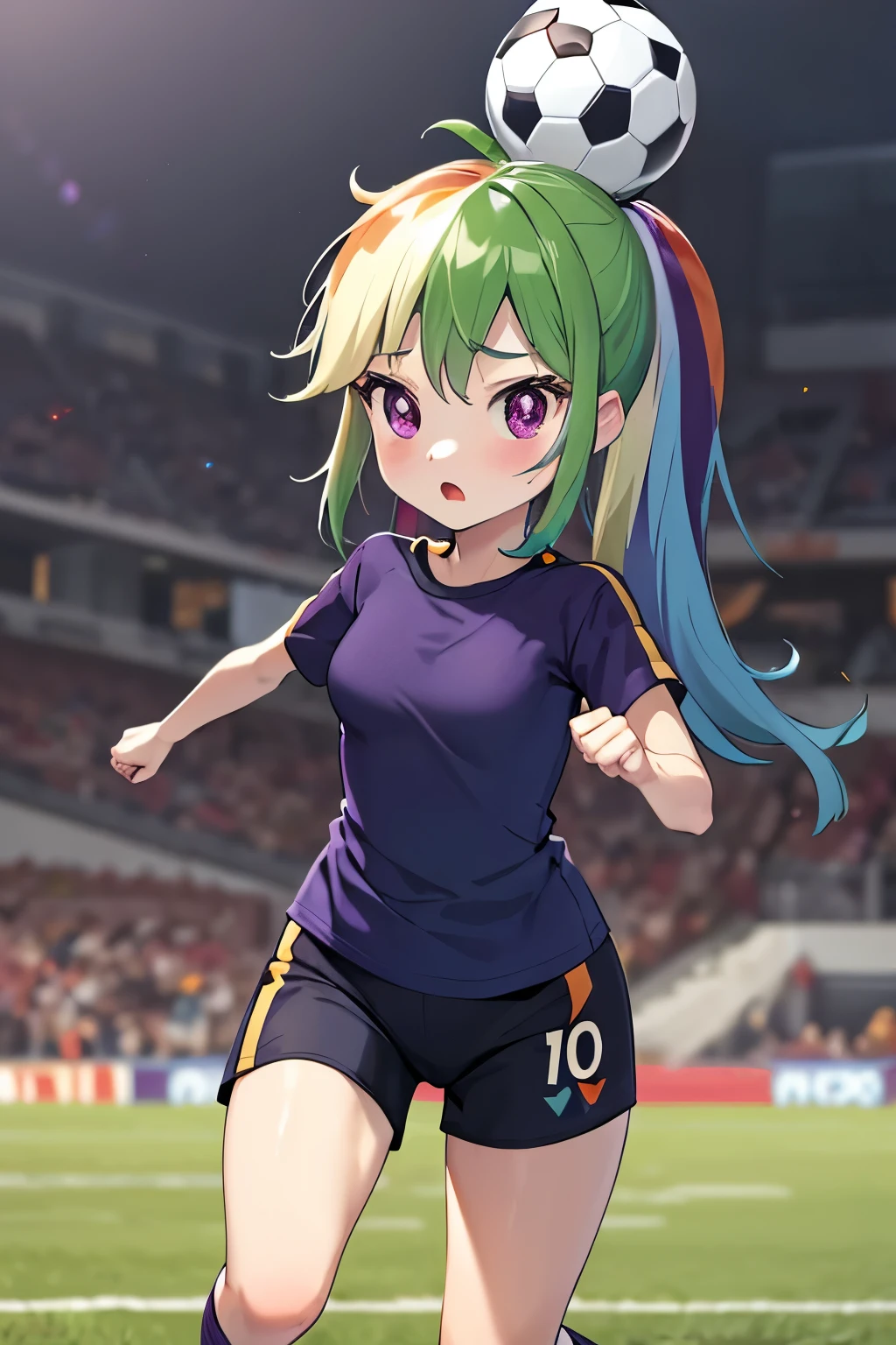 masterpiece, 1girl, solo, long rainbow hair, (purple eyes c cup tight blue shirt running kicking soccer ball