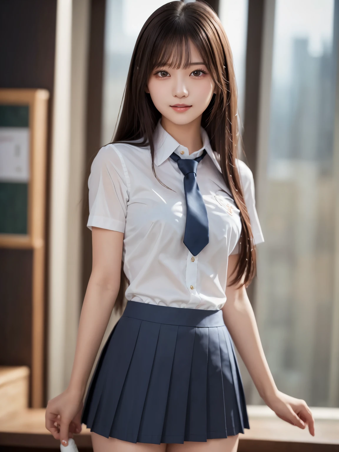 ( high school girl uniform : 1.8), Complex and beautiful eyes、woman, ( sexy pose : 2.0), (stand up : 1.2), Womanly black hair、(Delicate and realistic hair、1 bottle１Realistic hair)、bangs、Natural Color Lip、smile、((White indoor))、indoor、((18歳woman:1.******ung and adorable Japanese face, Official Art，Highly detailed CG Unity 8k wallpaper, (masterpiece : 1.0), (Best Quality : 1.0), 超High resolution,4K, Very detailed, photo shoot, 8k, High resolution, Kodak Portrait 400, Film Grain, Lens flare glow, 高いest quality ,8k, Portrait Shot, 8k、Show Viewer, (((Front View))), ((Facing))、Body facing forward、Bold cleavage、Firm breasts、Small face, ((Bare legs))、Highest quality、Super beautiful images, yellow race, (upper body : 2.0)