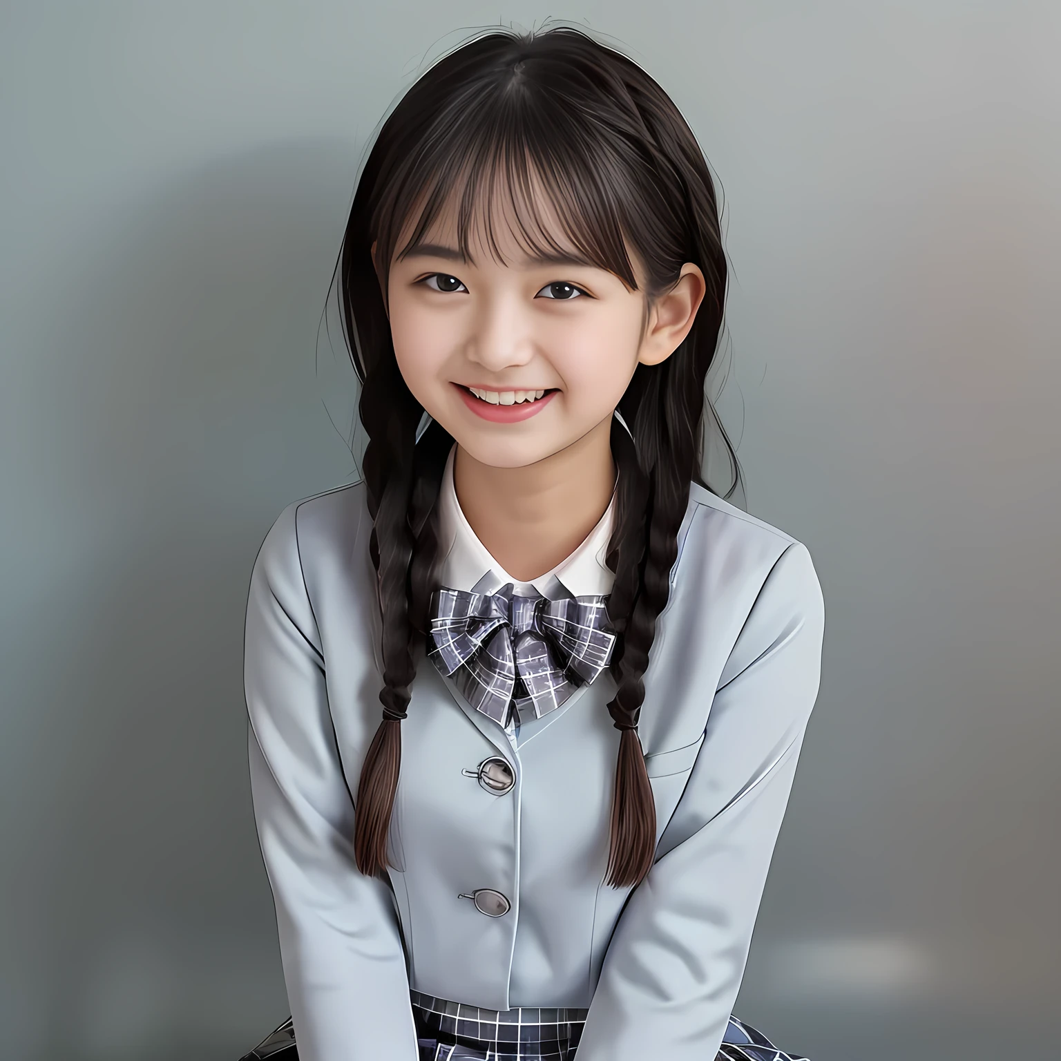 (Highest quality, masterpiece:1.2), Highest quality, High resolution, 1080P, 8k, (A noble, graceful and 13yo Japanese young long hair lady who have a best proportion are seated giggling at me with extreme beatitude, laughing and posing like a fashion model of Japanese uniform promotion, using face-whitening cosmetics: 1.5), (She is getting out of the picture: 1.6), (Well-balanced, Intelligent, drooping, double-eyelids, brown shiny large eyes with detailed make me feel her intelligence: 1.5), (Navy colored school blazer, blue-colored pleated school blue-and-dark-blue-and-cyan-tartan-checkered plaid-skirt: 1.5), とても形の良い美しく艶のある唇, (Plain blue school ribbon on the mature breast), (Girl whom everyone loves because of her beauty and beautiful eyes and lovely fashion and noble manner and magic-charm of succubus), (Very beautiful, glossy, cutely super-super-long black hair, neat tight twin braids: 1.3), (Drives me crazy for their neat blue-plaid-skirts and Make me fall into their skirts), (plain blue background: 1.6), (Best style like a 13yo fashion model, mature breast), ((Completely balanced beautiful eyes)), ((Completely balanced beautiful eyes)), (eyes, face and hair are especially beautifully detailed and beautifully drawn: 1.5), (Satisfactory best shot by professional famous women's photographer: 1.5)