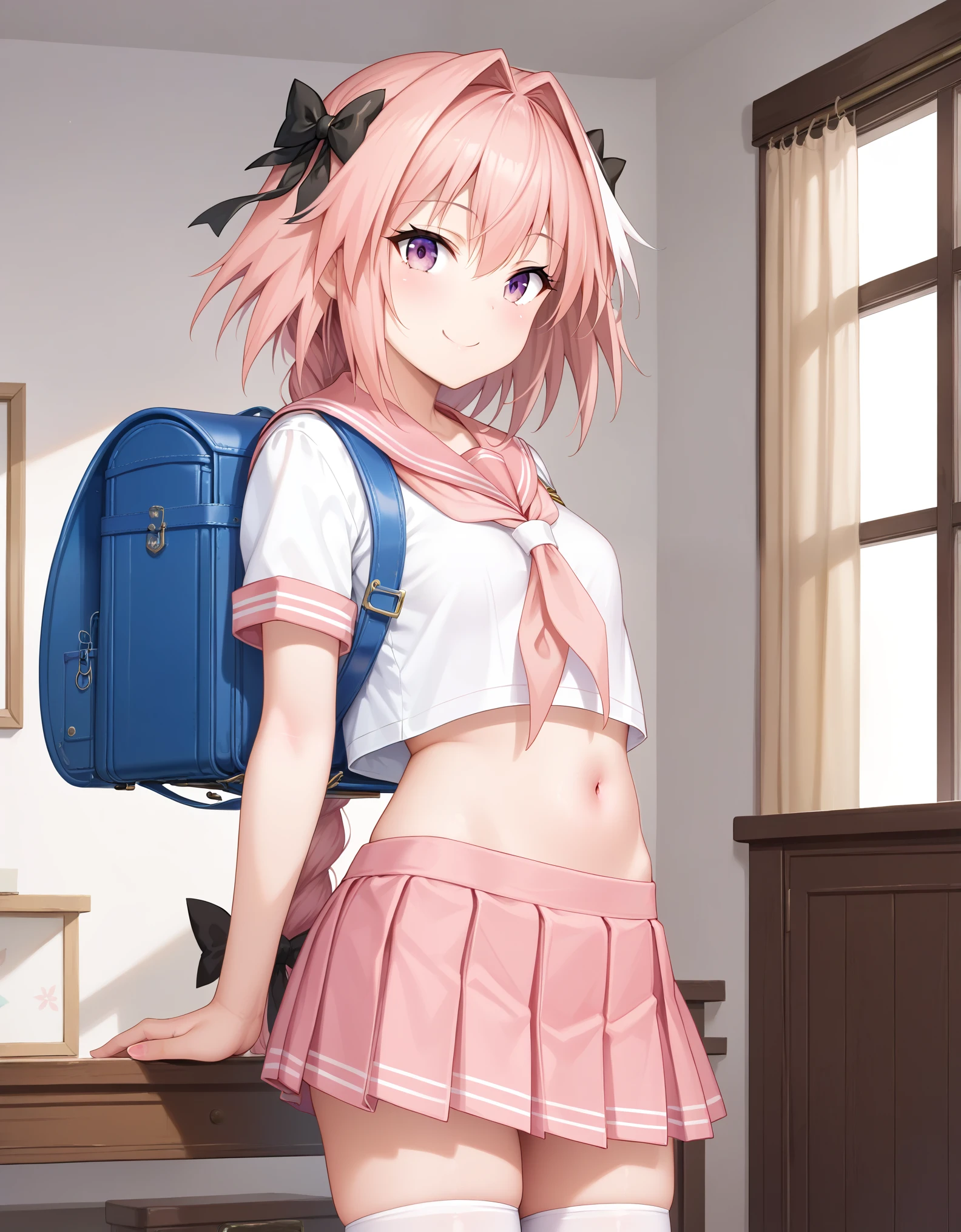 masterpiece, best quality, highres, astolfo, single braid, small breasts, sailor uniform, serafuku, pink sailor collar, midriff, pink skirt, white thighhighs, standing, indoor,rooms, house, upper body, smile, wearing randoseru backpack, blue backpack