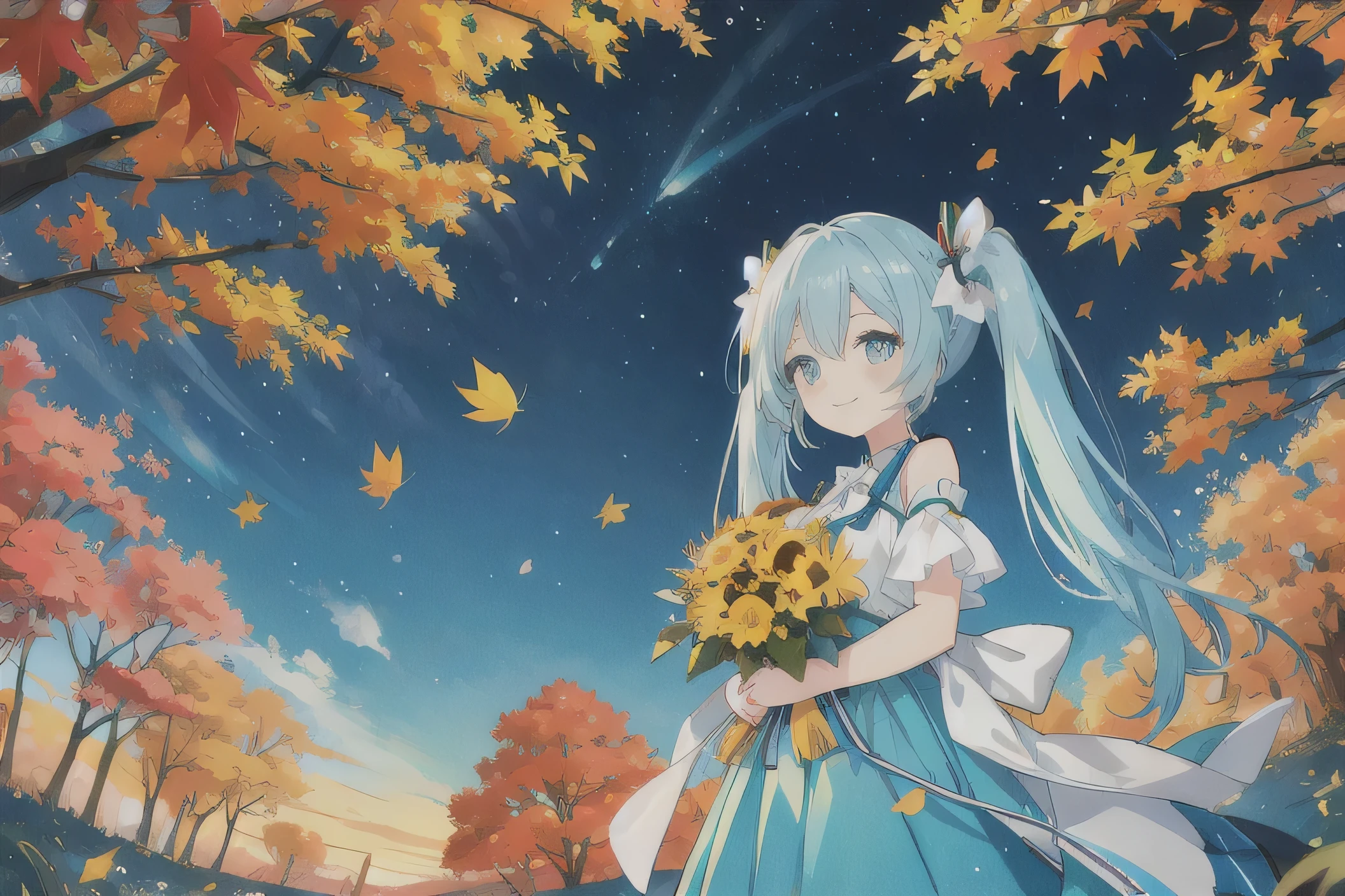 · Hatsune Miku · Light Blue Hair · Long Twin Tails · Smiling · Yellow Dress · In the Woods · Lots of Autumn Leaves · Cosmos Bouquet · Sunset Sky · Top Quality