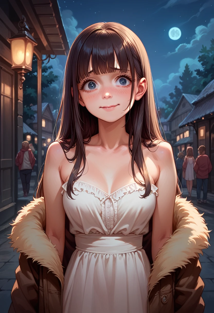 
A loli teen girl going out with her friends wearing a coat off shoulders and a sexy dress, at night, long hair with a fringe, detailed nervous face, smile, shy girl, normal breasts, detailed beautiful body, thin body,