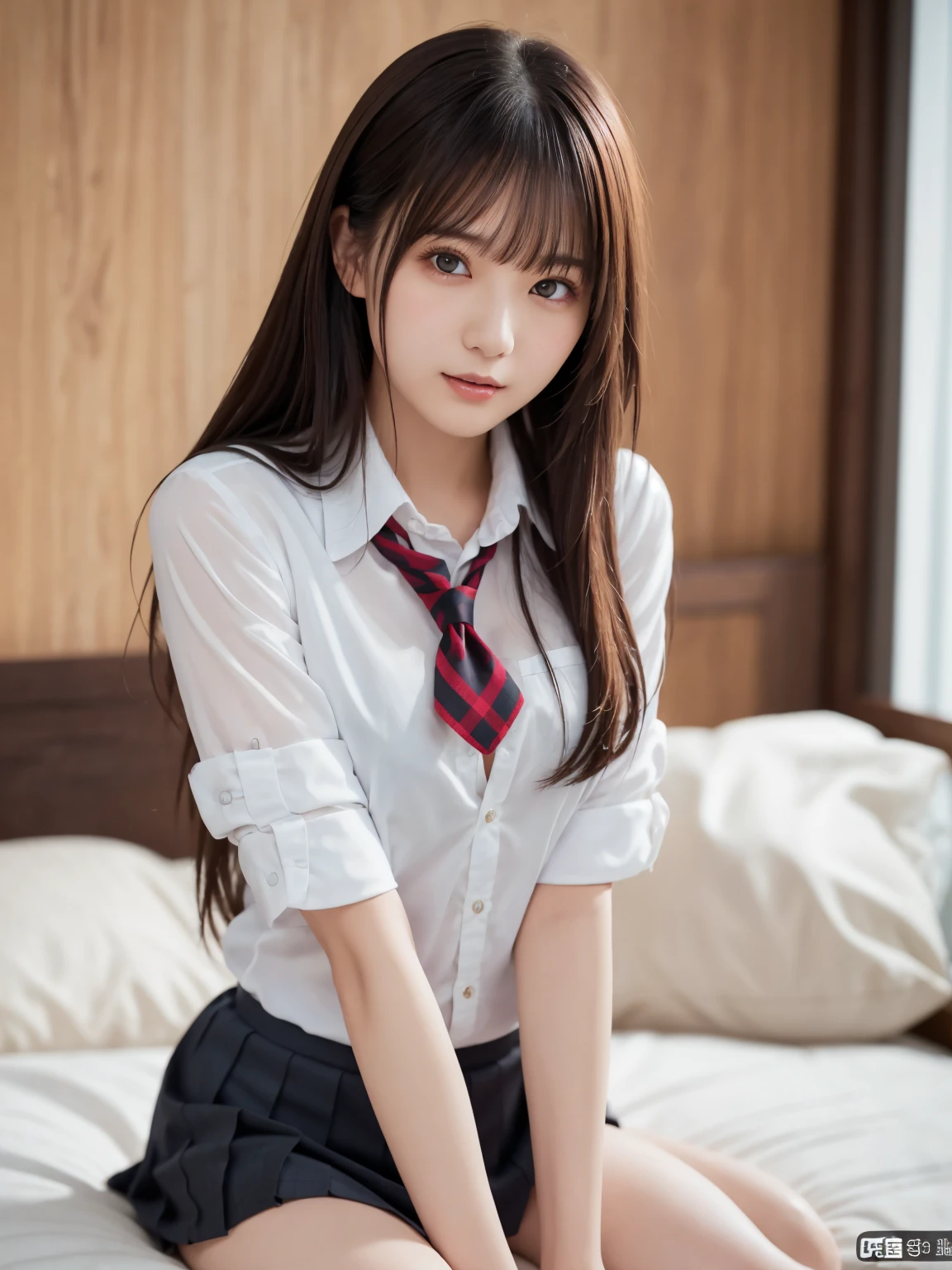 (Slender women : 1.8), ( high school girl uniform : 1.8),  ( sexy pose : 2.0), ( taut chest : 1.2), smile, Complex and beautiful eyes, woman, (black longカールhair : 1.7)、(Delicate and realistic hair、1 bottle１Realistic hair)、bangs, Natural Color Lip, smile、( on the bed : 2.0)、indoor、((18歳woman:1.******ung and adorable Japanese face, Official Art, Highly detailed CG Unity 8k wallpaper, (masterpiece:1.0), (Best Quality:1.0), 超High resolution,4K, Very detailed, photo shoot, 8k, High resolution, Kodak Portrait 400, Film Grain, Lens flare glow, 高いest quality, 8k, (nsfw:1.2), Portrait Shot, 8k、Show Viewer, (((Front View))), ((Facing))、Body facing forward, Bold cleavage, Firm breasts、(Small face : 1.3), Highest quality, Super beautiful images