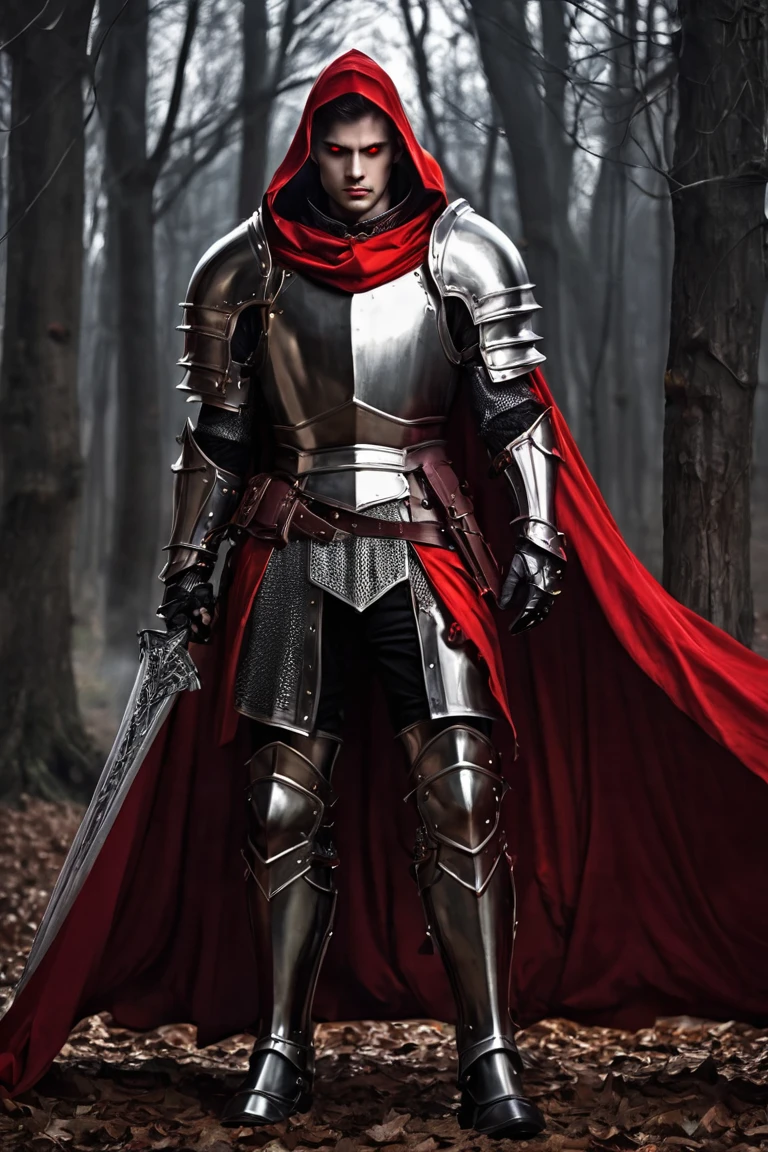 A MALE HOLY KNIGHT IN FULL BODY HEAVY ARMOR TEMPLE KNIGHT MALE VAMPIRE RED EYES HANDSOME BROTHER ARMOR FALLEN KNIGHT RED CAPE WEARING RED HOOD