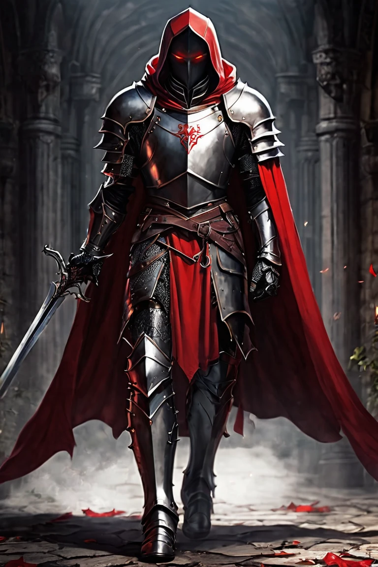 A MALE HOLY KNIGHT IN FULL BODY HEAVY ARMOR TEMPLE KNIGHT MALE VAMPIRE RED EYES HANDSOME BROTHER ARMOR FALLEN KNIGHT RED CAPE WEARING RED HOOD