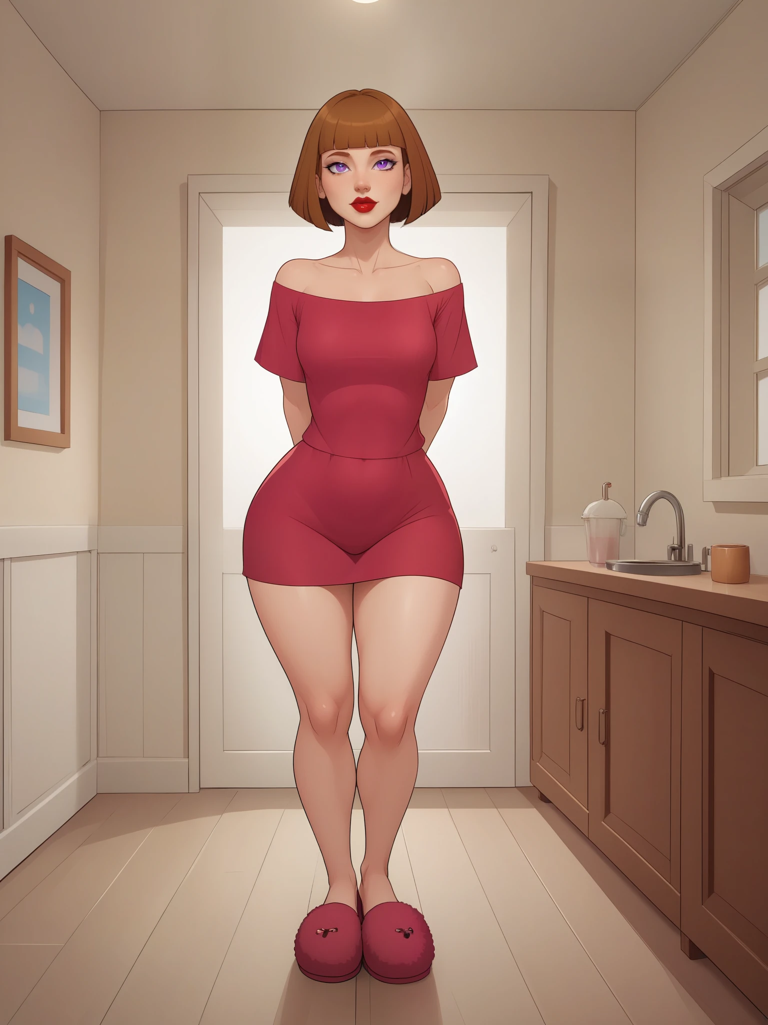 A beautiful skinny girl with big breast naked red lips, standing in sexy pose show full body from head to foot 2d illustration