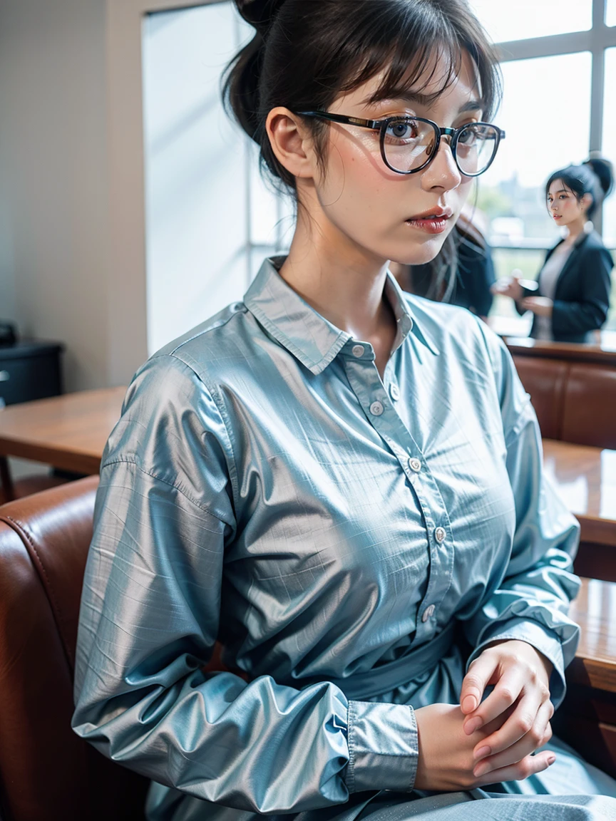 photography, masterpiece, best quality, 8k, HDR, highres, absurdres:1.2,  Kodak Portra 400 , film grain, blurry background, bokeh:1.2, lens flare,An ordinary girl wearing glasses, (Asian woman:1.5), (((black hair))), long hair, (((parted bangs))), (((tied in a ponytail))), (((single ponytail))), (((aqua blue highlights hair into a ponytail))), , (((aqua blue hair into a ponytail))),(((wearing glasses))), a serious girl, wearing a long pink dress , knitted thin jacket, fashionable clothing, conservative outfit, flat doll shoes, 20 years old, height 158cm, C cup, top student, seriously,  In Tokyo, in a cafe,with a brown super cute poodle, she is a Dog lover, bare face, no makeup, smiling ,fashionista， She prefers to wear ，fashion model， dress with a sense of design，Simple but stylish, full body shot 