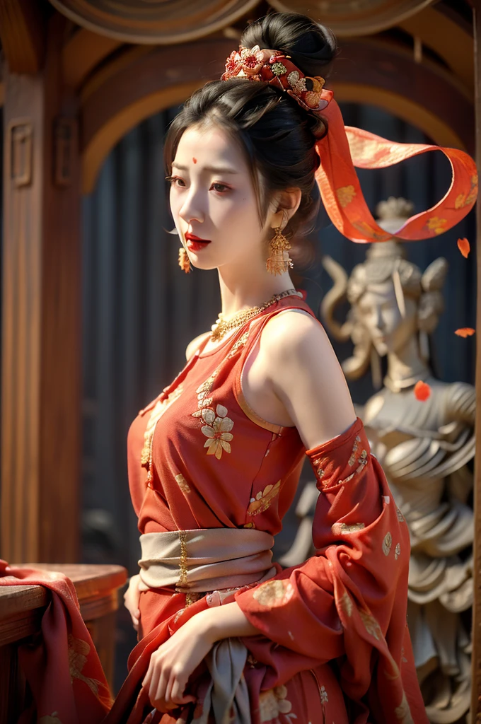 xuer Dunhuang,1girl,jewelry,earrings,solo,hair ornament,chinese clothes,flower,black hair,red lips,hair flower,bare shoulders,makeup,dress,detached sleeves,long sleeves,wide sleeves,petals,blurry,sash,breasts,shawl,lipstick,closed mouth,ribbon,hair bun,