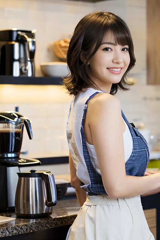 Masterpiece, 8k, (Real, Realistic Photograph), best quality, high resolution, perfect details, ((upper body)), Beautiful face, 1 girl, alone, short hair, smooth, (curling hair), (light smile:0.1), look at viewer, Realistic, stands in front of a coffee maker in a coffee shop., Make coffee, broun waist apron, White shirt and gray skirt,  at the counter, (cowboy shoot:1.2),large breast,