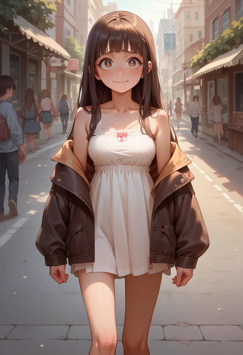 
A loli teen girl walking in the street with her friends wearing a jacket off shoulders and a cute uniform, at noon, long hair with a fringe, detailed nervous face, smile, shy girl, normal breasts, detailed beautiful body, thin body,