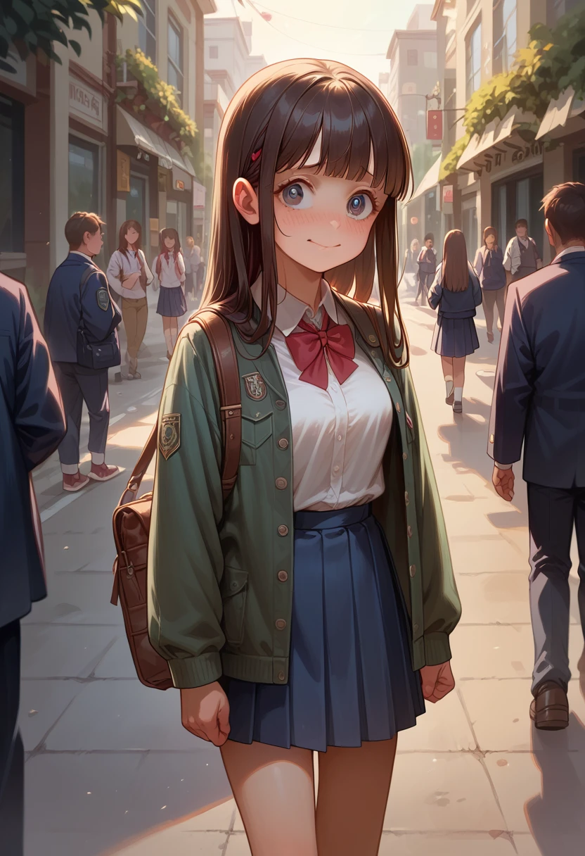 
A loli teen girl walking in the street with her friends wearing a uniform jacket and a school uniform, at noon, long hair with a fringe, detailed nervous face, smile, shy girl, normal breasts, detailed beautiful body, thin body,