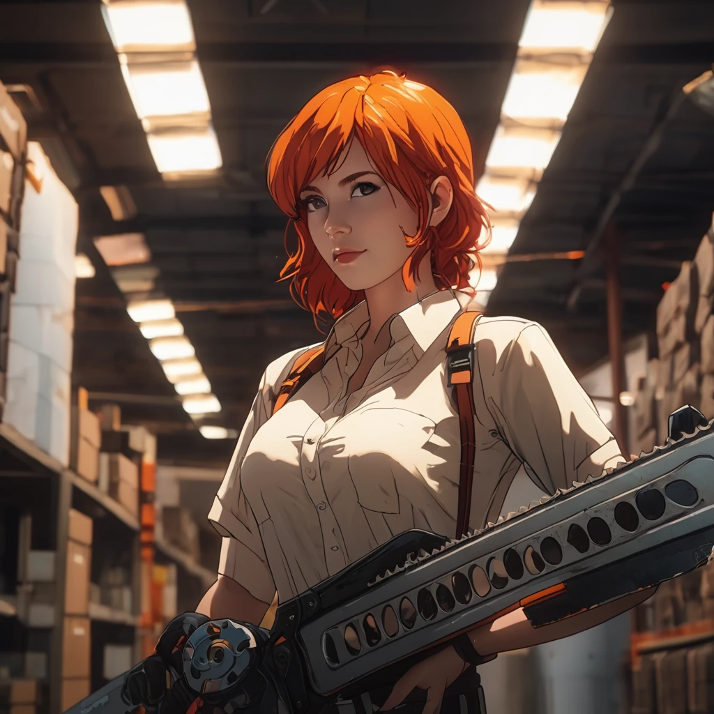 makima, real version of makima, chainsaw man, orange red hair, medium tits, social clothes, in the sctory