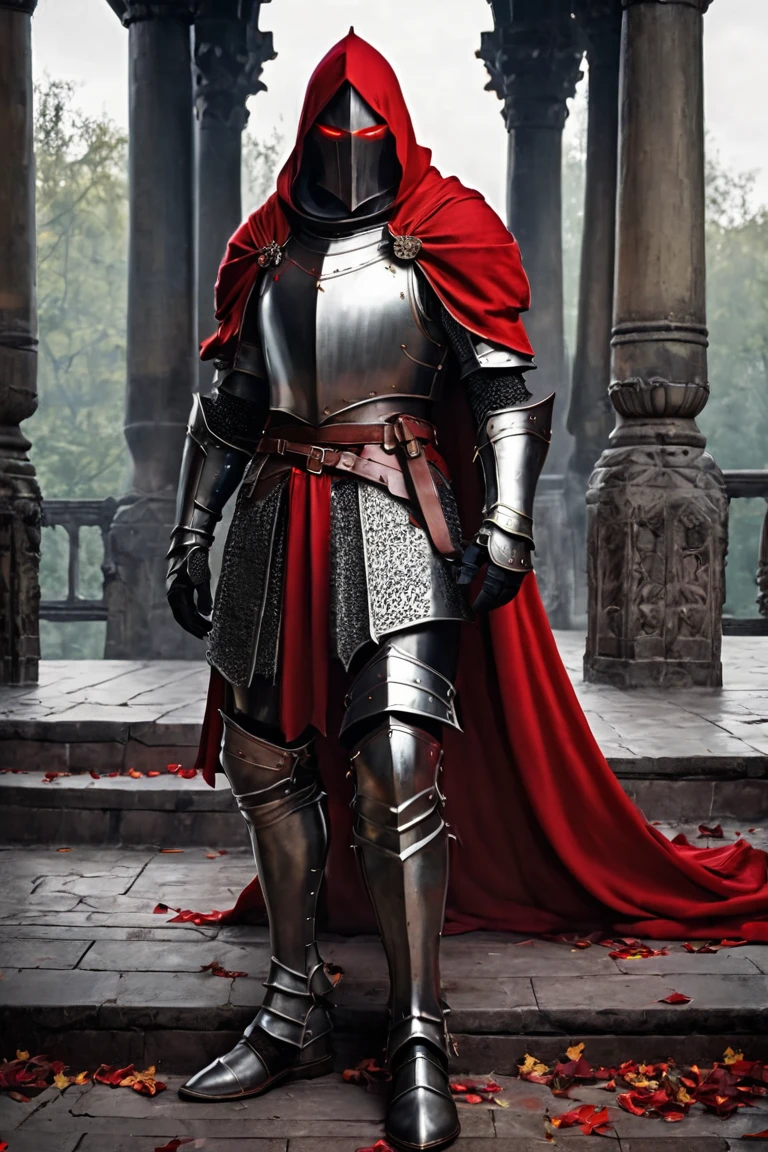 A MALE HOLY KNIGHT IN FULL BODY HEAVY ARMOR TEMPLE KNIGHT MALE VAMPIRE RED EYES HANDSOME BROTHER ARMOR FALLEN KNIGHT RED CAPE WEARING RED HOOD