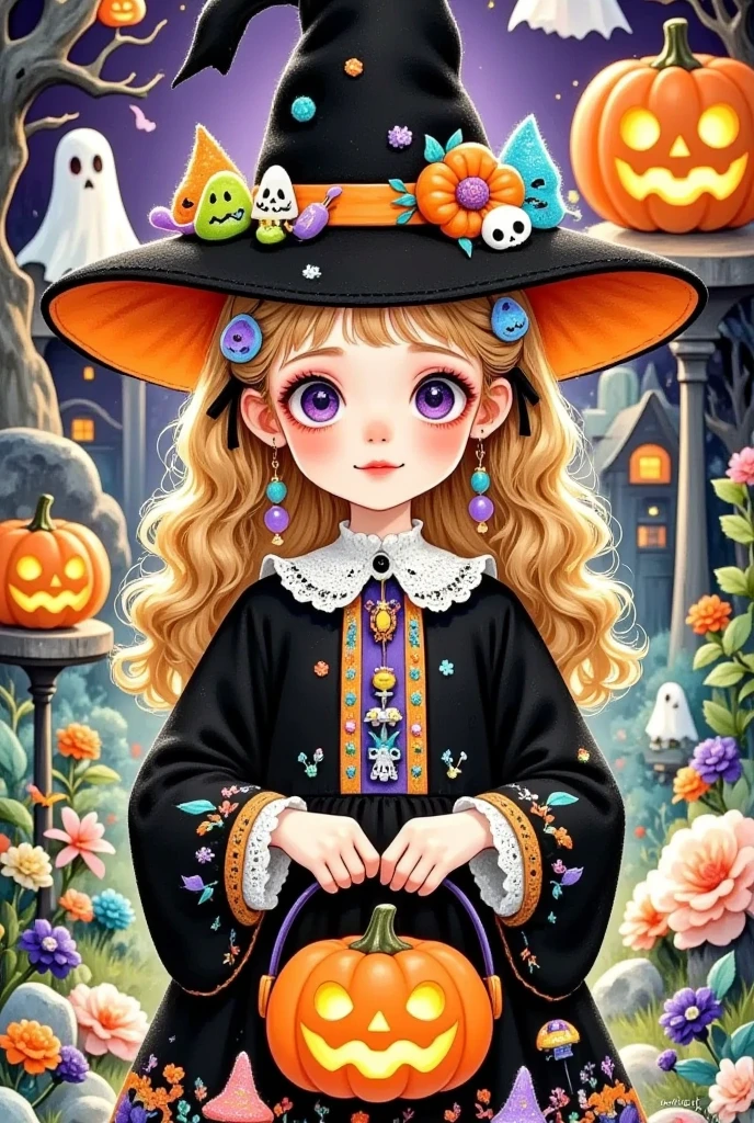  a cartoon girl in a witch costume，cartoon girl in a witch costume with pumpkins and candy in her hands , Witch Girl,  Halloween art style , Bright witch, Halloween style, portrait of a young Witch Girl, Trick or Treat, Candy Girl, Lovely detailed digital art,  Brightly colored illustrations , Halloween theme, Witch clothes, Witch fairy tale, 🍂 Lovely, Lovely illustration, Lovely art style, Lovely digital art