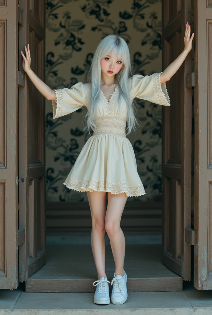 ((RAW photo), absurd, (absurdresolution)), masterpiece, best quality, (detailed wallpaper) hyperrealism, (beautiful woman, 21 years old, slim figure, white complexion)), albino hair, (bright grey eyes, sharp, defined pupil), ((red lips, made up, feminine)), (standing, leg slightly bent, arms raised), (cute Japanese pose), (light dress, embroidered flowers, sneakers), sexy pout, coming out through an elegant gate, (Photographic Perspective). «SunPuma S»