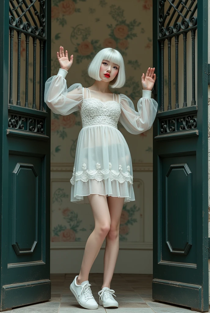 ((RAW photo), absurd, (absurdresolution)), masterpiece, best quality, (detailed wallpaper) hyperrealism, (beautiful woman, 21 years old, slim figure, white complexion)), albino hair, (bright grey eyes, sharp, defined pupil), ((red lips, made up, feminine)), (standing, leg slightly bent, arms raised), (cute Japanese pose), (light dress, embroidered flowers, sneakers), sexy pout, coming out through an elegant gate, (Photographic Perspective). «SunPuma S»