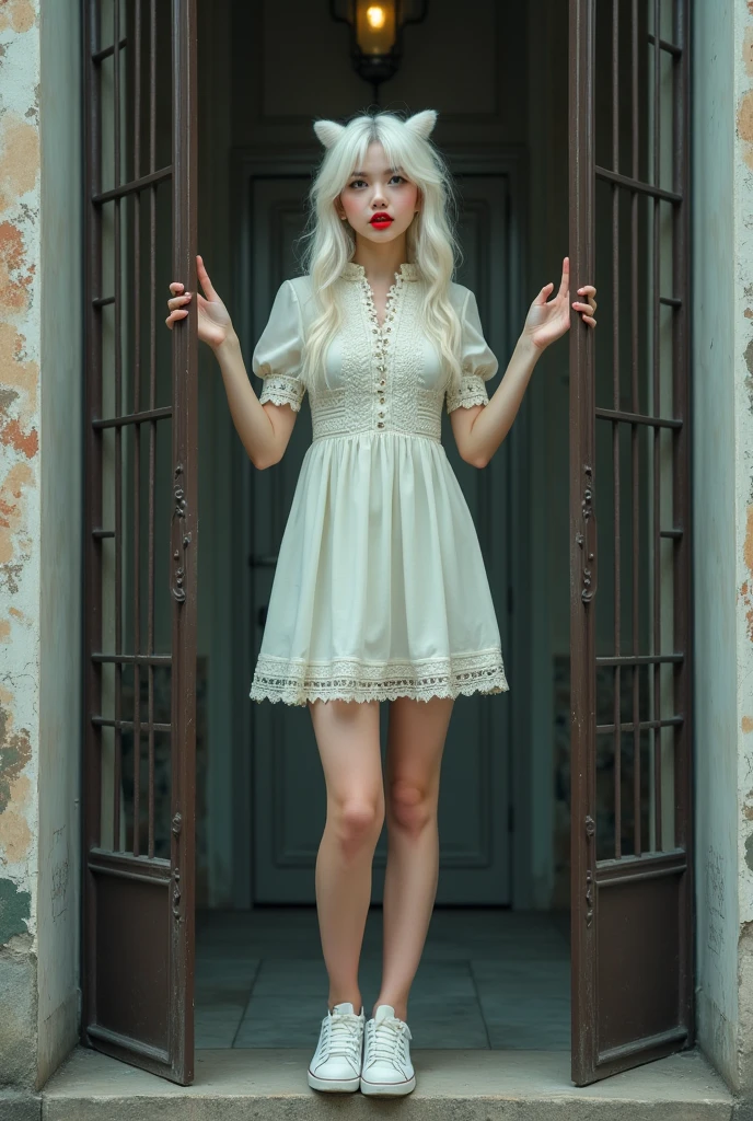 ((RAW photo), absurd, (absurdresolution)), masterpiece, best quality, (detailed wallpaper) hyperrealism, (beautiful woman, 21 years old, slim figure, white complexion)), albino hair, (bright grey eyes, sharp, defined pupil), ((red lips, made up, feminine)), (standing, leg slightly bent, arms raised), (cute Japanese pose), (light dress, embroidered flowers, sneakers), sexy pout, coming out through an elegant gate, (Photographic Perspective). «SunPuma S»