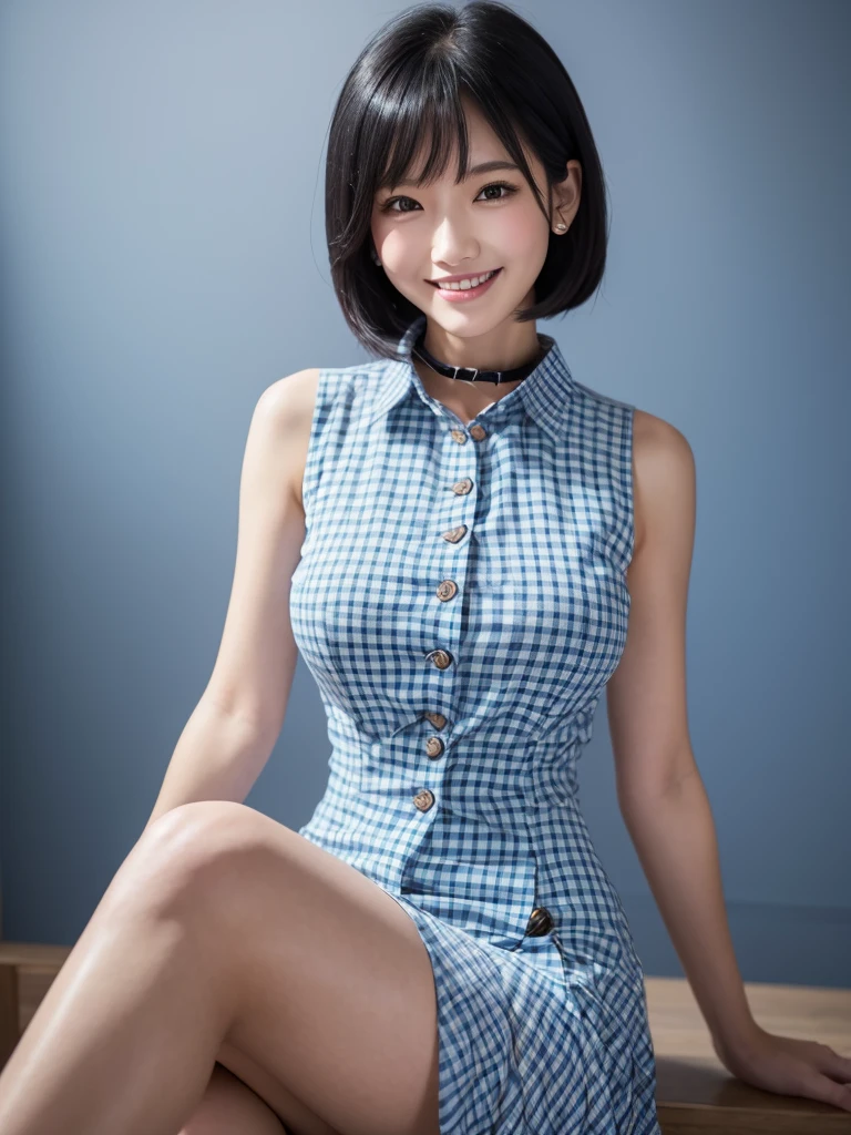 ( the whole body is shown)、(Big Breasts)、(Tight, sleeveless, light blue plaid dress with buttons and collar)、(Thin legs)、(smile)、( slender)、(Black Hair)、(Best Quality:1.5)