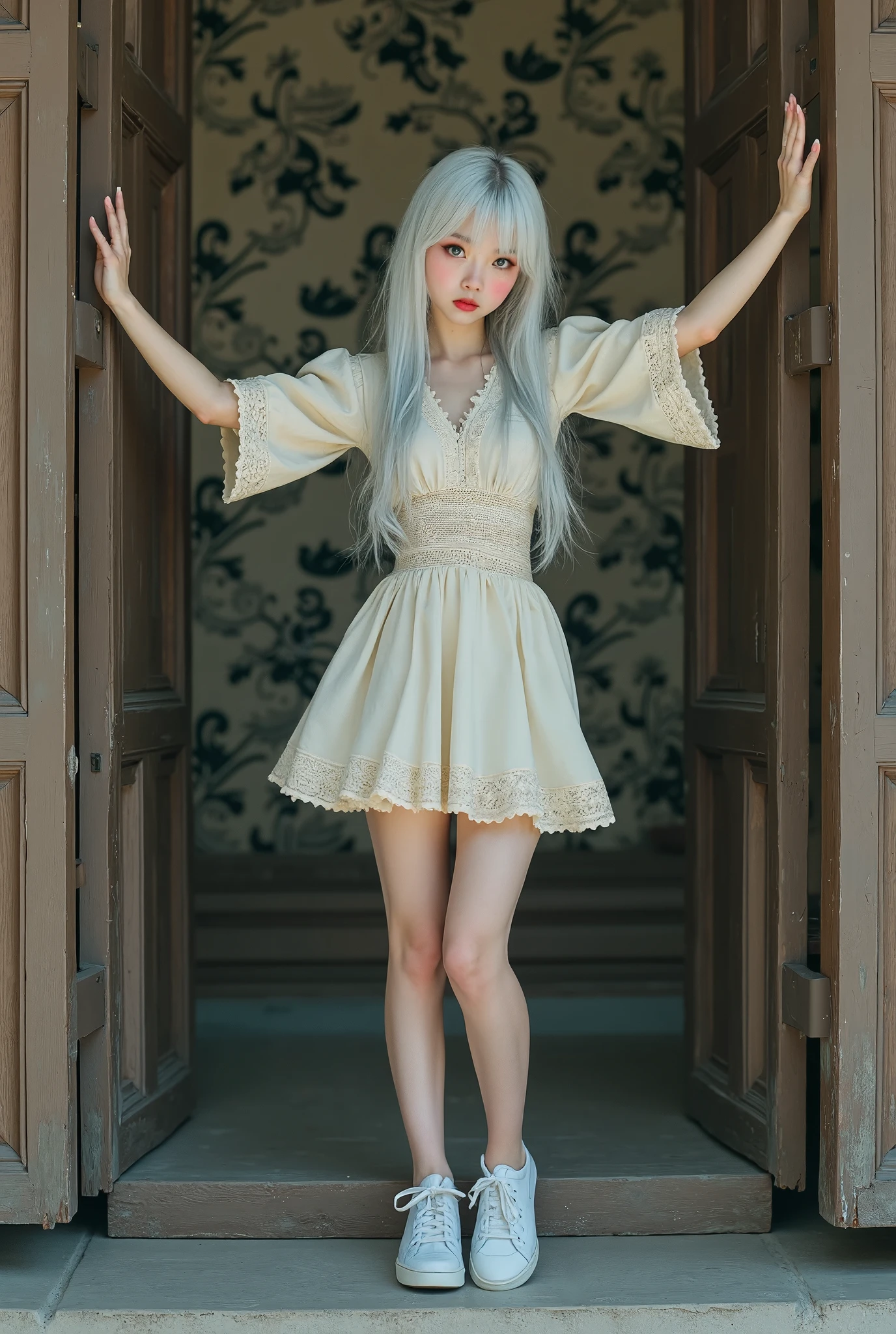 ((RAW photo), absurd, (absurdresolution)), masterpiece, best quality, (detailed wallpaper) hyperrealism, (beautiful woman, 21 years old, slim figure, white complexion)), albino hair, (bright grey eyes, sharp, defined pupil), ((red lips, made up, feminine)), (standing, leg slightly bent, arms raised), (cute Japanese pose), (light dress, embroidered flowers, sneakers), sexy pout, coming out through an elegant gate, (Photographic Perspective). «SunPuma S»