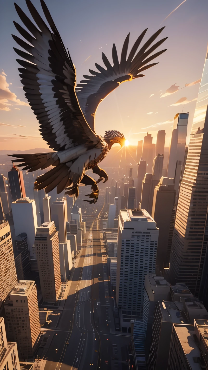 A full-body, cinematic image of Cauã, a Native American man aged 50, who is half-human, half-hawk. He flies majestically over a futuristic cityscape at sunset, his large hawk-inspired wings fully extended. Cauã is dressed in traditional Brazilian native attire, with intricate war paint across his body, and the wind carries his garments and feathers as he soars. His posture leans forward in mid-flight, radiating confidence and determination, as if on a purposeful mission.

The city below stretches endlessly, filled with skyscrapers and bustling streets, transitioning into night with lights starting to flicker. The scene is bathed in warm, golden hues from the setting sun, casting long shadows across the urban landscape. Cauã’s wings and silhouette are highlighted by the glowing sky, emphasizing his presence as a guardian figure, symbolizing the intersection between nature and civilization. The overall mood captures movement, purpose, and serenity, reinforcing Cauã's ancestral connection and his role as a protector.