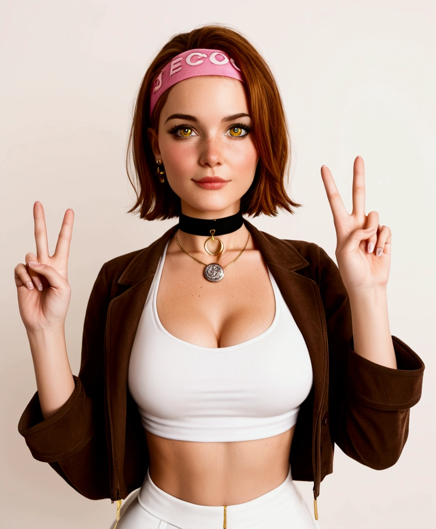 Image is a digital ERÓTIC PORN illustration featuring a young woman Boruto Sarad BIG BUSTY SEXY with light skin and short brown hair. She has distinctive yellow eyes and freckles across her nose. She is wearing a white crop top with the letters 'ICMC' printed in pink, a black choker with a silver pendant, and a brown jacket. On her head, she wears a pink headband with cartoonish eyes. Her hands are raised in a playful peace sign gesture. The background is softly blurred, focusing attention on her expression. At the top of the image, there is text in a stylized font that reads 'LKUPI • CKMEPE' in a gradient of gold and brown colors.