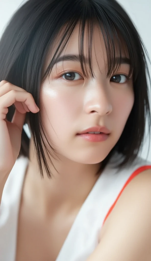 Instagrammable:1.2 (RAW Photos、8k、32K、masterpiece、Realistic、  Photoreal:1.37)、Cute Japanese women images、Tank tops、Photographed in natural light、1 girl、Photo Mapping、 Physically Based Rendering、Excellent image quality、  High Resolution  、1080P、(Beautiful Face)、Large Breasts, cleavage、 sexy poses 、 is crossing legs、(Detailed CG)、Rich details、( great features :1.35)、(Detailed eyes)、Various poses、A very realistic and detailed portrait of a young woman's all body。The skin is beautiful、Soft light is reflected in the high part of the cheek.、 Tiny pores and hair follicles、 Even the tiniest blood vessels are visible。The skin is smooth、Natural flushing of the cheeks、Gives a healthy glow。 The eyes are large and clear blue、 The iris has fine patterning、 Light is reflecting and shining in the eye。 There is a slight shadow under the eye、 Her eyelashes are long and naturally curled。 Her lips are a soft pink color、 Smooth texture and natural glow、 Slightly reflects light,The background is a pale monochrome gradient.、Realistic shadows and textures