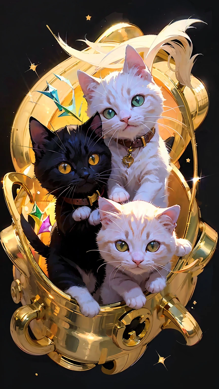  painting of colorful kittens casting multi-colored spells on black background,,  breathtaking rendering, In a shining connection, Inspired by Kinuko Y. Crafting,, Magical Elements, 【Kitten Icon, Wow, beautiful, マルチカラーの呪文を唱える, bright flash, flash