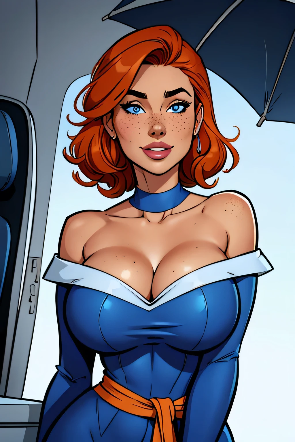 Brigid Brannagh, gorgeous mechanic, blank background, blue coverall, cleavage, no shirt, sfw