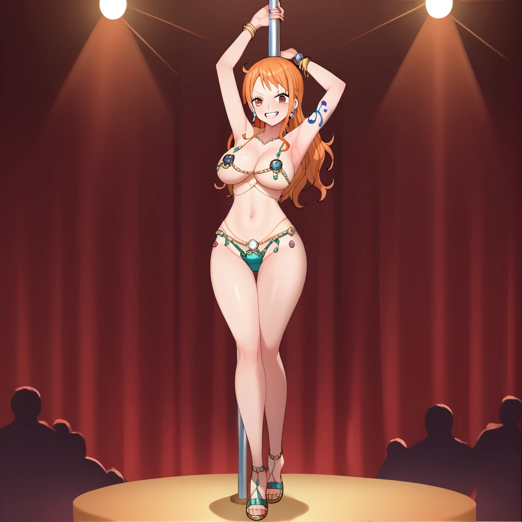 score_9,score_8_up,score_7_up, 1girl, nami, one piece pre-time skip, shiny skin, clothed female, wearing, nami, gyaru, full body, seductive, nami, bitch nami, desert, Miraj, harem clothes, belly dance, live show, public throwing coins, concert, stage, lighting, purple harem clothes, venus bikini, fortune bikini, jewelry, navel, venus bikini, luxurious, dancing, pole dancing, sensual dance, moving hips, shaking hips, thrusting air, 
