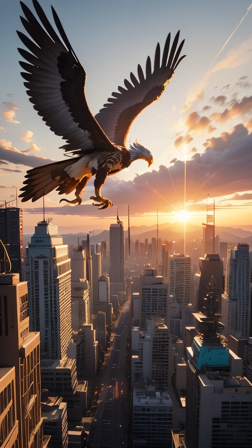 A full-body, cinematic image of Cauã, a Native American man aged 50, who is half-human, half-hawk. He flies majestically over a futuristic cityscape at sunset, his large hawk-inspired wings fully extended. Cauã is dressed in traditional Brazilian native attire, with intricate war paint across his body, and the wind carries his garments and feathers as he soars. His posture leans forward in mid-flight, radiating confidence and determination, as if on a purposeful mission.
The city below stretches endlessly, filled with skyscrapers and bustling streets, transitioning into night with lights starting to flicker. The scene is bathed in warm, golden hues from the setting sun, casting long shadows across the urban landscape. Cauã’s wings and silhouette are highlighted by the glowing sky, emphasizing his presence as a guardian figure, symbolizing the intersection between nature and civilization. The overall mood captures movement, purpose, and serenity, reinforcing Cauã's ancestral connection and his role as a protector.