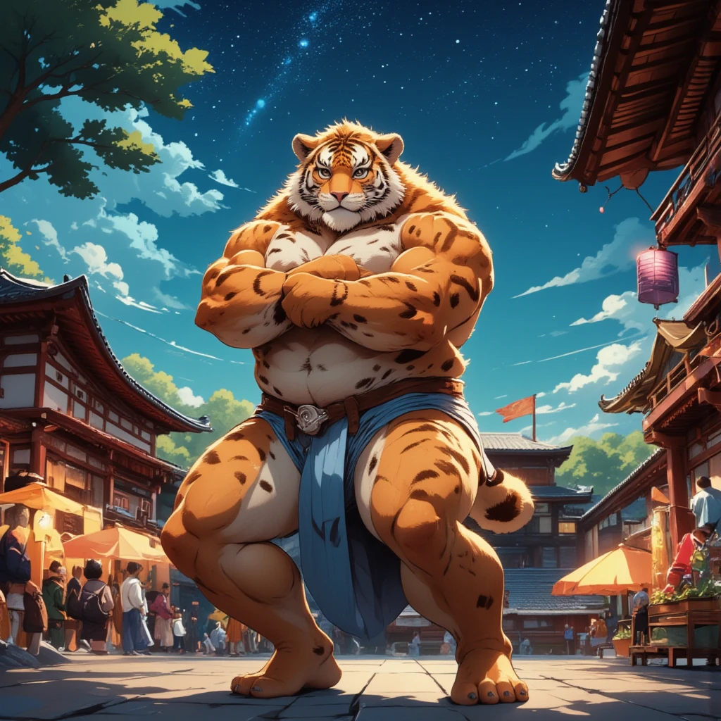 summer festival, a muscular middle-aged tiger man, full body in Michelangelo Buonarroti style, housamo style, digital illustration anime, character focus, full body, looking away, dynamic angle, BREAK fundoshi, topless, standing, crossing one's arms, dynamic pose, detailed painting landscape, starry sky, kyoto, shrine, outdoor, BREAK complete anatomy, perfect proportions, beautiful thigh gap, fluffy body, intricate fur details, beautiful fur texture, BREAK detailed tiger 1tail, detailed toe, 5toes, 5toes nails, beautiful foot, detailed hands, 5fingers, 5fingers nails, BREAK aesthetic anime face, insanity detailed face, male face, big face, square jawline, aesthetic anime eyes, detailed brown eyes, detailed brown cornea, detailed dark brown irises, detailed pupils, male eyes, big eyes, male eyebrows, innocent look, beautiful beard, BREAK masterpiece, official art, best quality, very aesthetic, absurdres, super fine illustration, great quality, BREAK noise reduction, very highres, large filesize, high quality, 32K, 8k wallpaper, dynamic lighting, BREAK insanity detailed, ultra detailed, intricate details, extremely detailed, detailed texture, an extremely delicate and beautiful, full color, HDR, BREAK e621 illustration, osukemo, kemohomo, anthropomorphic, furry, cartoon, harmonious, pastoral, virtuous, epic atmosphere