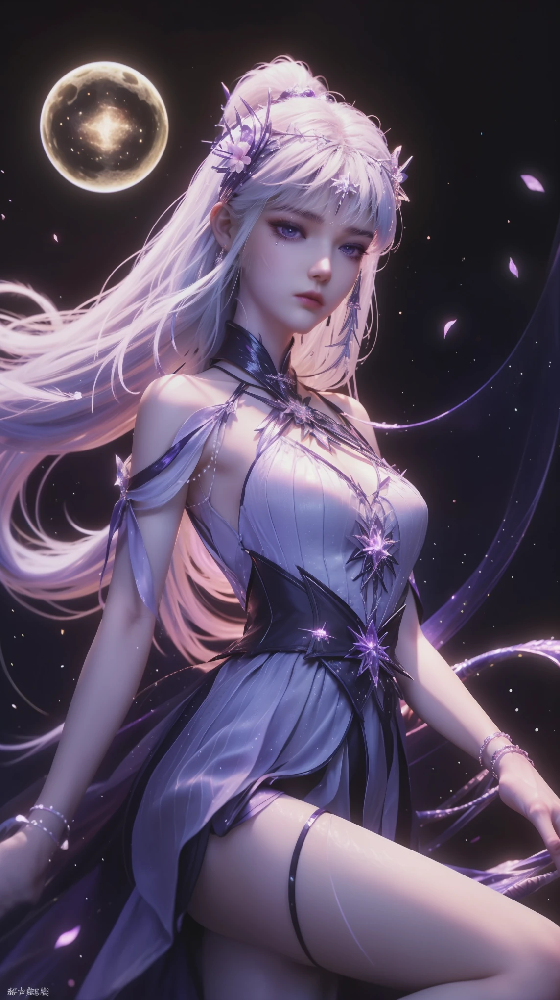 A Beautiful Woman in a Long Purple Dress ,The skirt flutters gently in the air,Beautiful woman lying among beautiful flowers,Flowers surround her, Chinese tradition, Her flexible body strengthens with every movement, So charming, 微弱的烛Light, The shining butterfly fights against the darkness of the night, 月Light, The night wind blows the curtains, Purple Petals , Petals flying around the room, Chinese Dance, This woman is so beautiful,Attracts everyone who sees her , Ancient China, Queen (masterpiece, best quality, extremely detailed, Best Shadow ), (Detailed background, Dark Fantasies ), ( beautiful and delicate face), high contrast , (Optimal Lighting, extremely delicate and beautiful ), ((Light)), Colorful, ultra detail, 戏剧性的Light, Intricate Details , ( 1 girl at home, solitary,White hair, pointy face , Purple Eyes , hair between eyes, dynamic angle), Blood splatter , Black Light swirling around the character, Depth of Field,Black Light particles,(Broken Glass),Magic Circle,