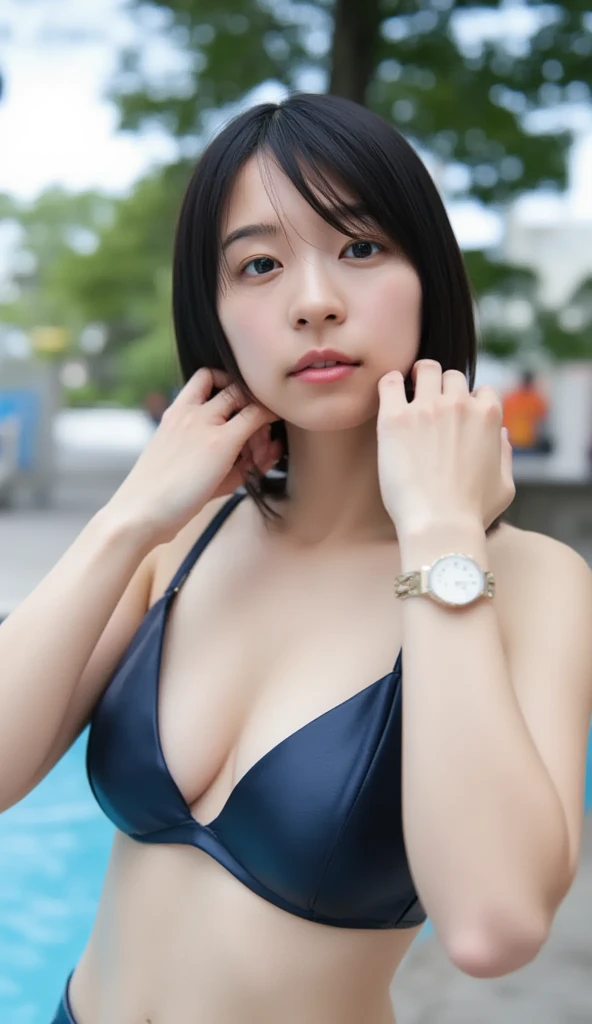 NSFW,(RAW Photos、8k、32K、masterpiece、Realistic、 Photoreal:1.37)、Cute Japanese women images、In the pool、Wearing a bikini、Large Breasts、 cleavage、 sexy poses 