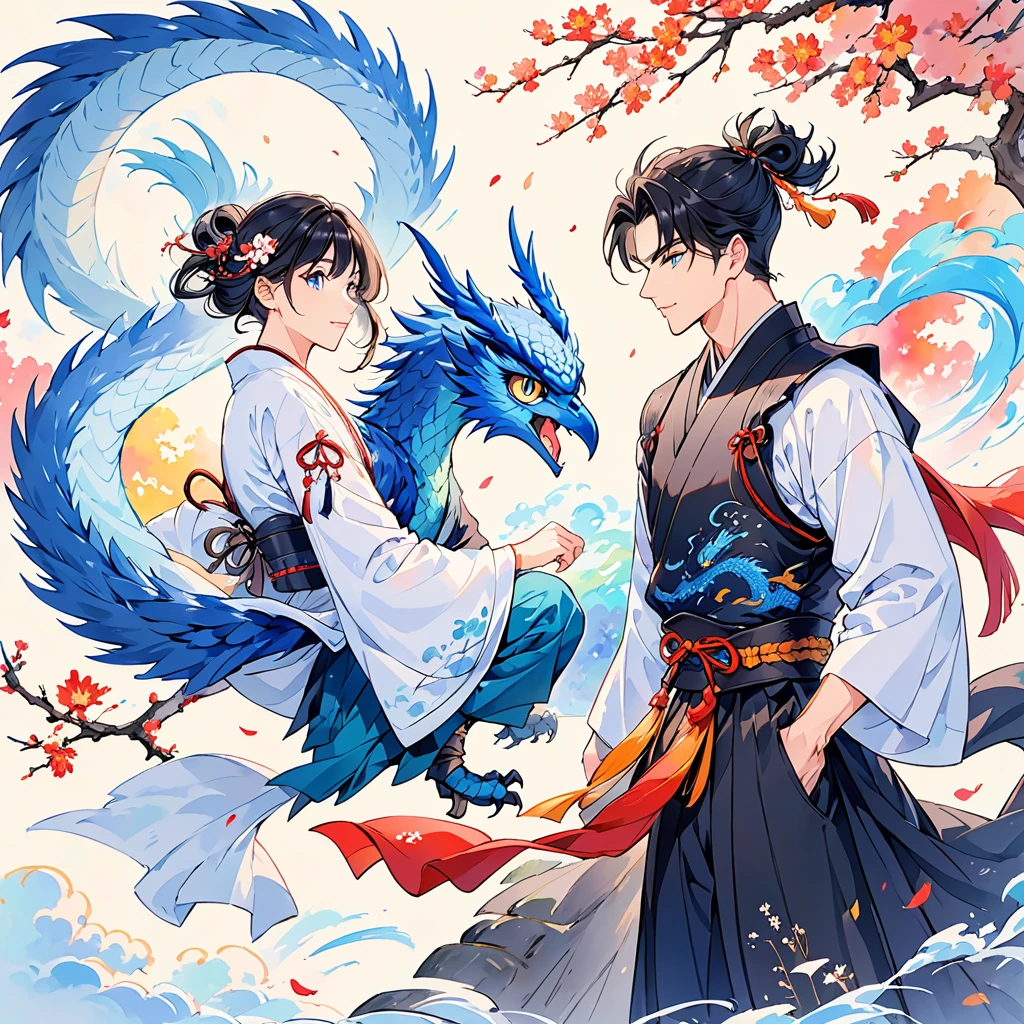    An attractive blue dragon swirls around an adult male in his 20s。   Adult men's hairstyles are black and short    。  An owl riding  。  Clothes are lightweight Western-style armor   。    looks like a Japanese-style ink painting  , but 、  use colorful colors based on blue   。