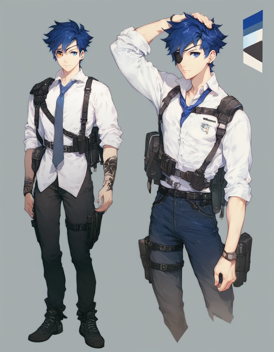 Human Male,oc , short hair Style , Simple background,character sheet ,Seriously face , manga Style , wearing eye patch , white shirt ,Shoulder Holster ,pose ,Full body ,Tie  ,