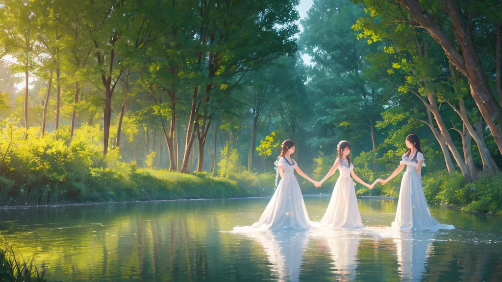  image of three girls in long white dresses with transparent fabrics,  standing on the banks of a river or lake at night . They hold their hands together , forming a circle ,  and one of them holds a small light source ,  radiating a blue glow .  Around them you can see reflections on the water and flickering lights ,  creating a mystical atmosphere .  The background is filled with vegetation and trees ,  emphasizing the natural theme of the scene 