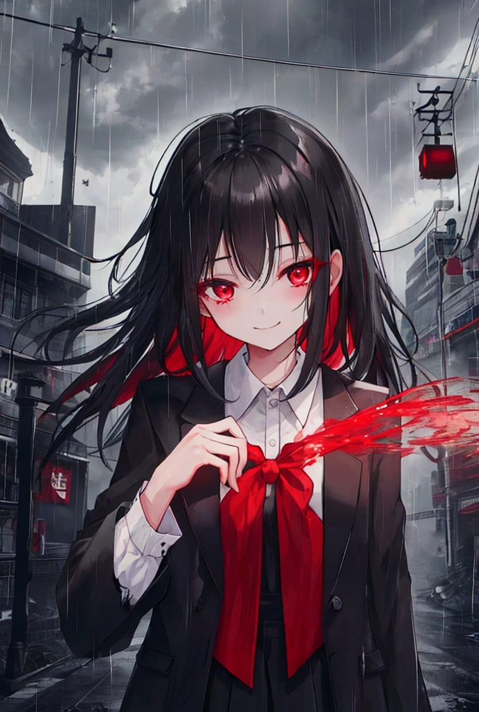  1 girl , Black Hair,  won numerous awards, Best Quality, Solemn, sorrow、Fleeting、smile,  shirt 、Being hit by rain、 Ruined City 、Red eyes, Red is vivid 