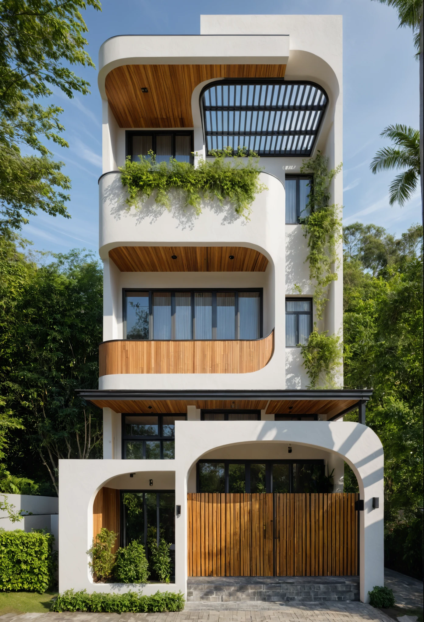 The tall and narrow 3-storey house is modernly designed, with steel gates and wooden details. The outside is painted white, the front wall has many curves. The house has windows on all sides and (wooden and iron ceilings: 1,2). Materials include black steel and wood. The third floor has trees growing on the middle columns, surrounded by tropical vegetation. The scene was shot from a 24mm angle perspective, with soft, natural lighting highlighting textures and materials, creating soft shadows that highlight the curves of the front wall and wooden details.